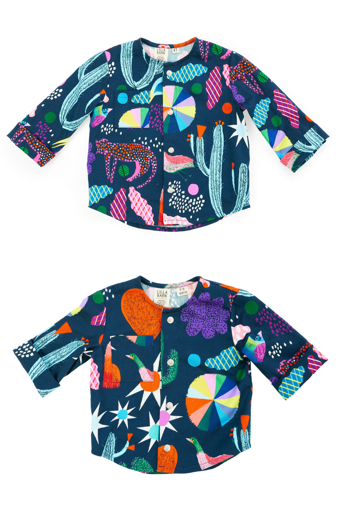 Two colorful children's shirts with abstract patterns on a white background