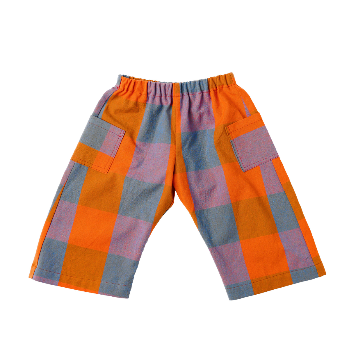 cotton plaid pants with orange, purple, and blue pattern on a white background. Made for babies and kids by Lilla Barn Clothing