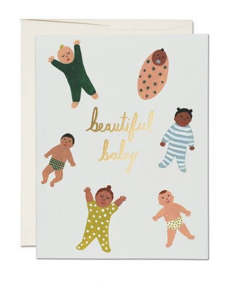 Card with illustrations of babies in various outfits and the text 'beautiful baby' on a white background.