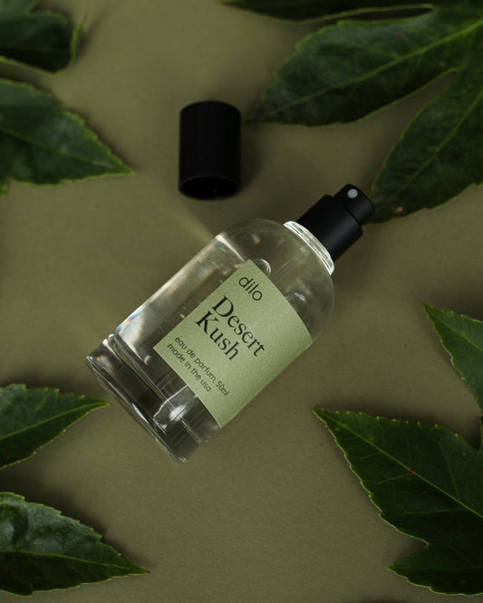 Glass bottle of Desert Kush perfume by dilo.