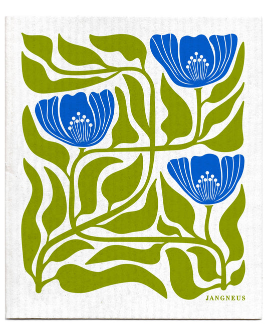 white Swedish dishcloth with blue and green flowers print