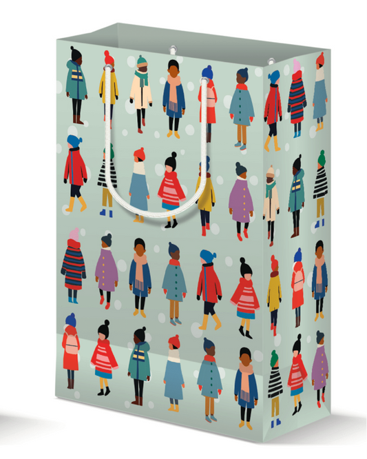 Colorful holiday gift bag with colorful children pattern on a white background
