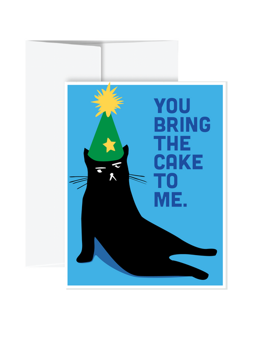 Greeting card with a black cat wearing a green hat on a blue background, featuring text.