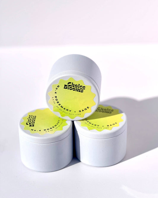 travel candle in a tin with scent rosemary & sage