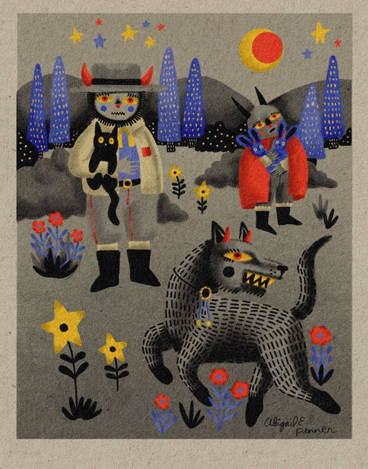 Illustration of a person in a cowboy hat with a dog, surrounded by flowers and buildings.