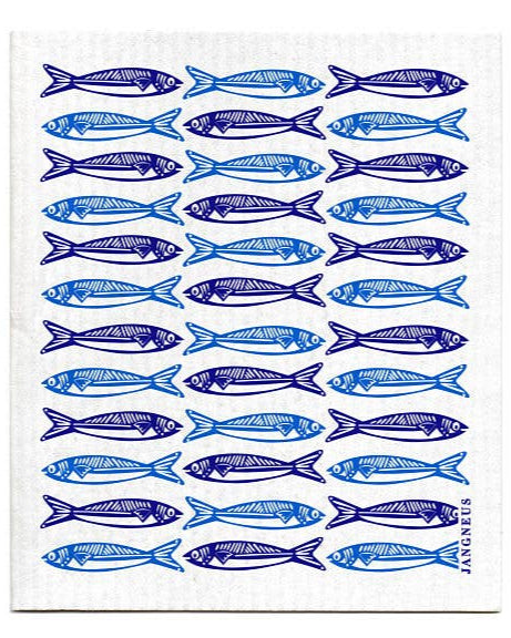 swedish dish cloth with illustrated blue fish printed