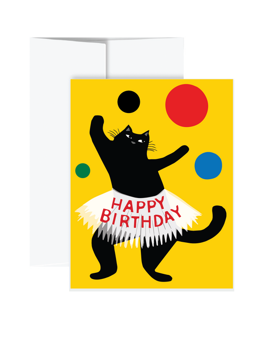Birthday card with a black cat in a tutu and colorful balls on a yellow background