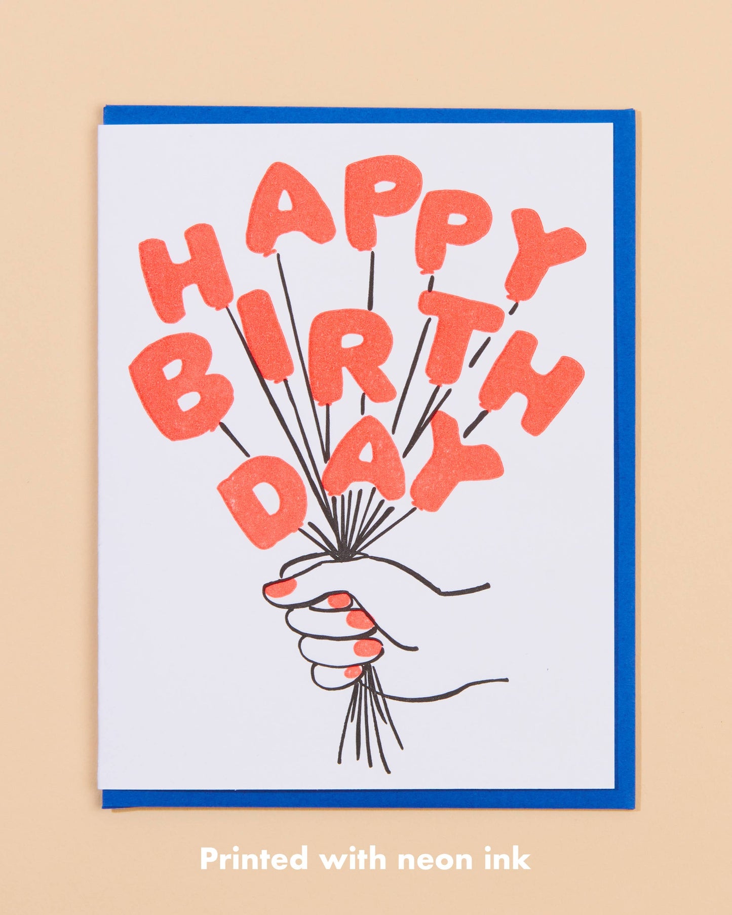 birthday card with a hand holding letter balloons spelling happy birthday