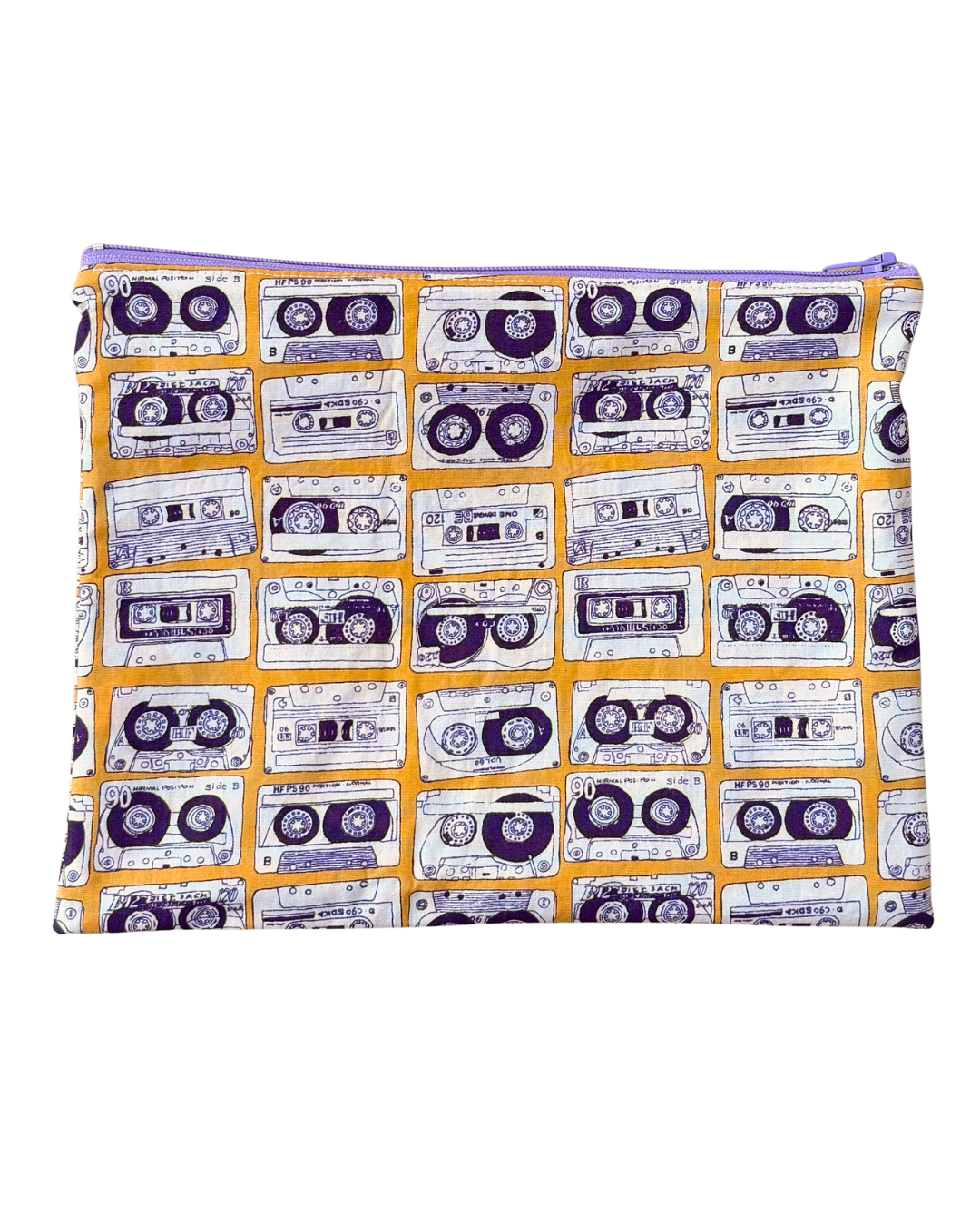 cotton zipper Pouch with cassette tape pattern on a yellow background