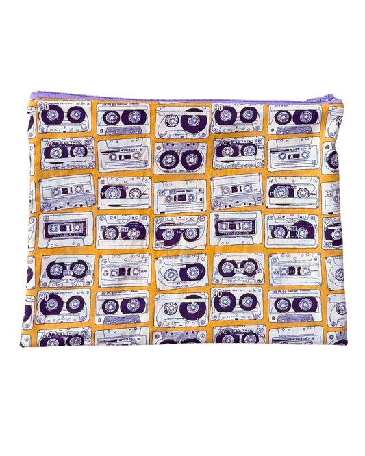 cotton zipper Pouch with cassette tape pattern on a yellow background