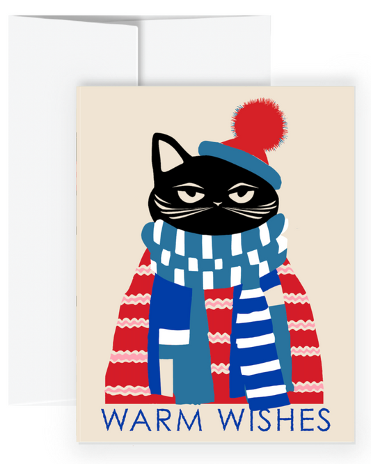 Greeting card with a cat wearing a scarf and hat, text 'Warm Wishes' on a beige background.