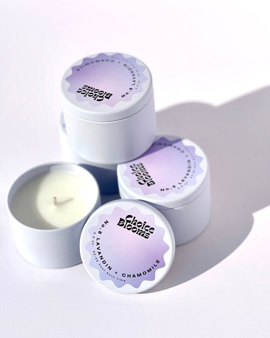travel size candle tin with lavandin and chamomile scent