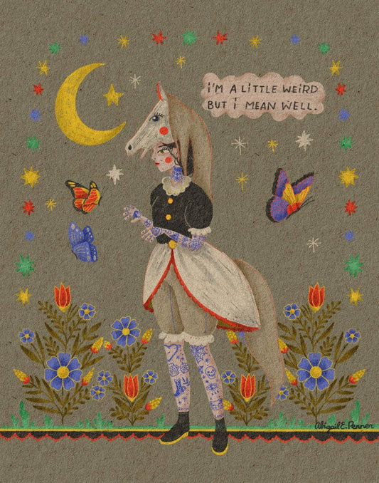 Illustration of a horse-like creature in a costume with butterflies and flowers on a patterned background