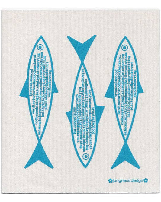 sustainable swedish dishcloth with turquoise fish design