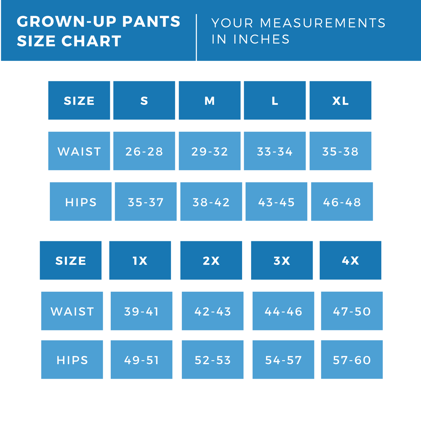 Grown-up pants size chart with measurements in inches on a white background
