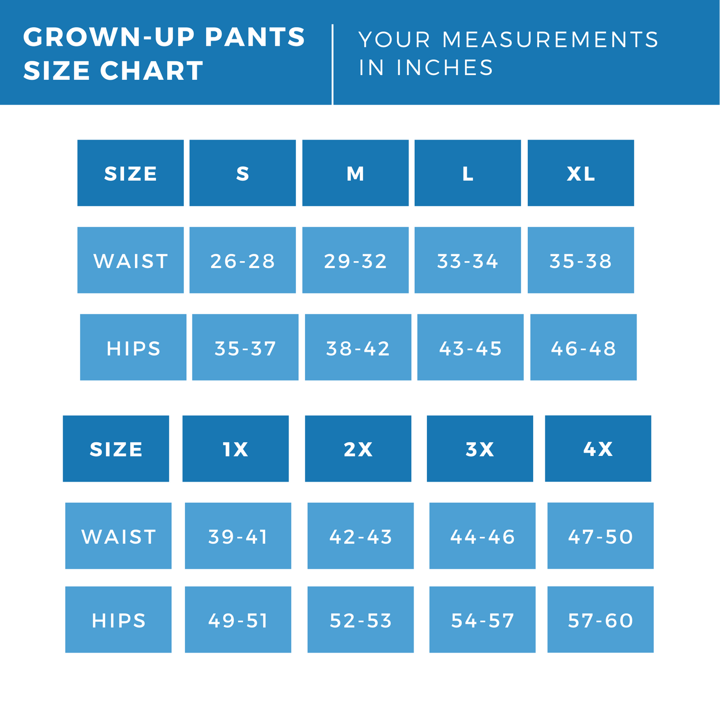 Size chart for sustainable adult pants made by Lilla Barn Clothing