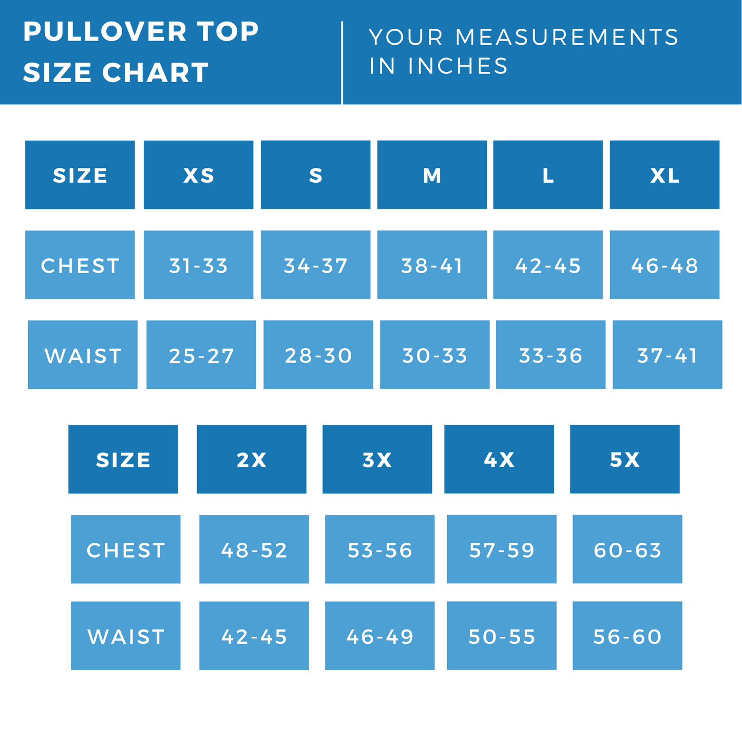 Pullover top size chart with measurements in inches