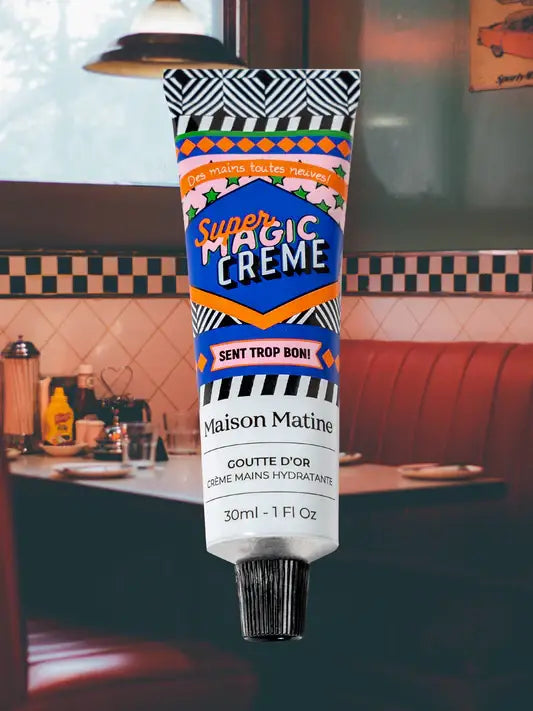 Maison Matine Super Magic Creme tube with a retro kitchen background
