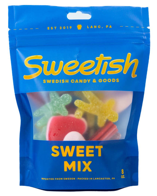 A blue resealable bag labeled 'Sweetish' containing colorful Swedish candy mix visible through the packaging.