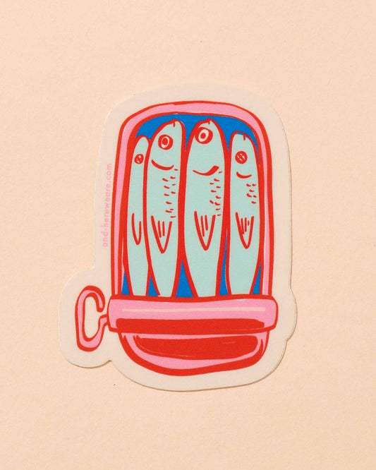 illustrated vinyl sticker with a tin of four sardines