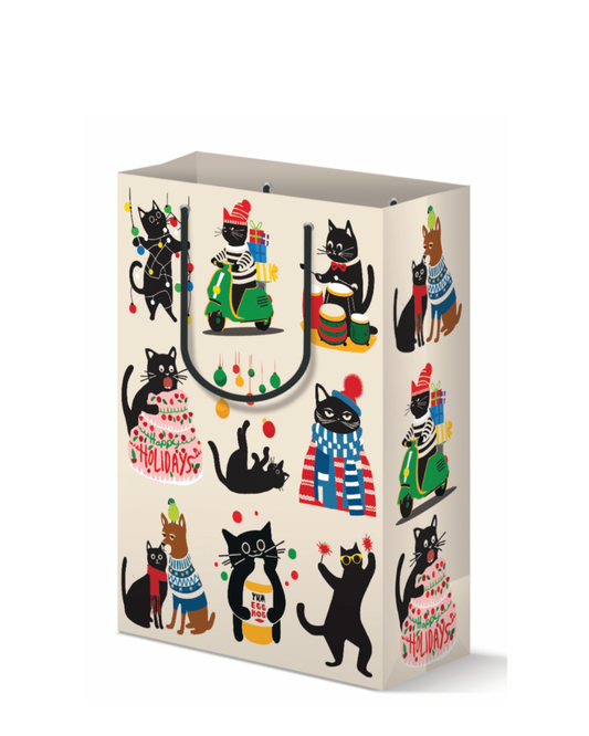 holiday Gift bag with black cat illustrations wearing colorful outfits on a white background