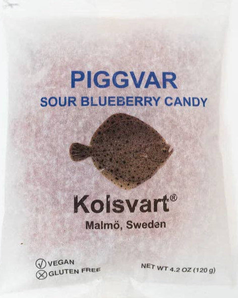 A bag of Kolsvart Sour Blueberry Gummy Candy with a graphic of a blueberry on the front. The bag is labeled 'Vegan', 'Gluten Free', and indicates the product weight of 4.