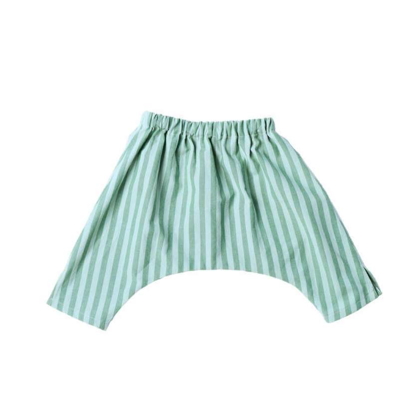 Green striped baby pants on a white background