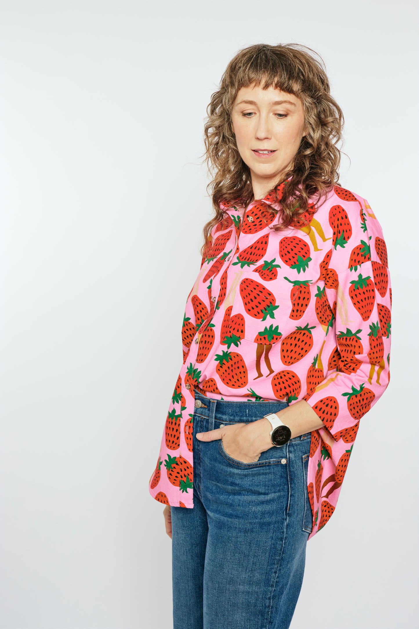 Grown-up Organic Button Down - Walking Strawbs