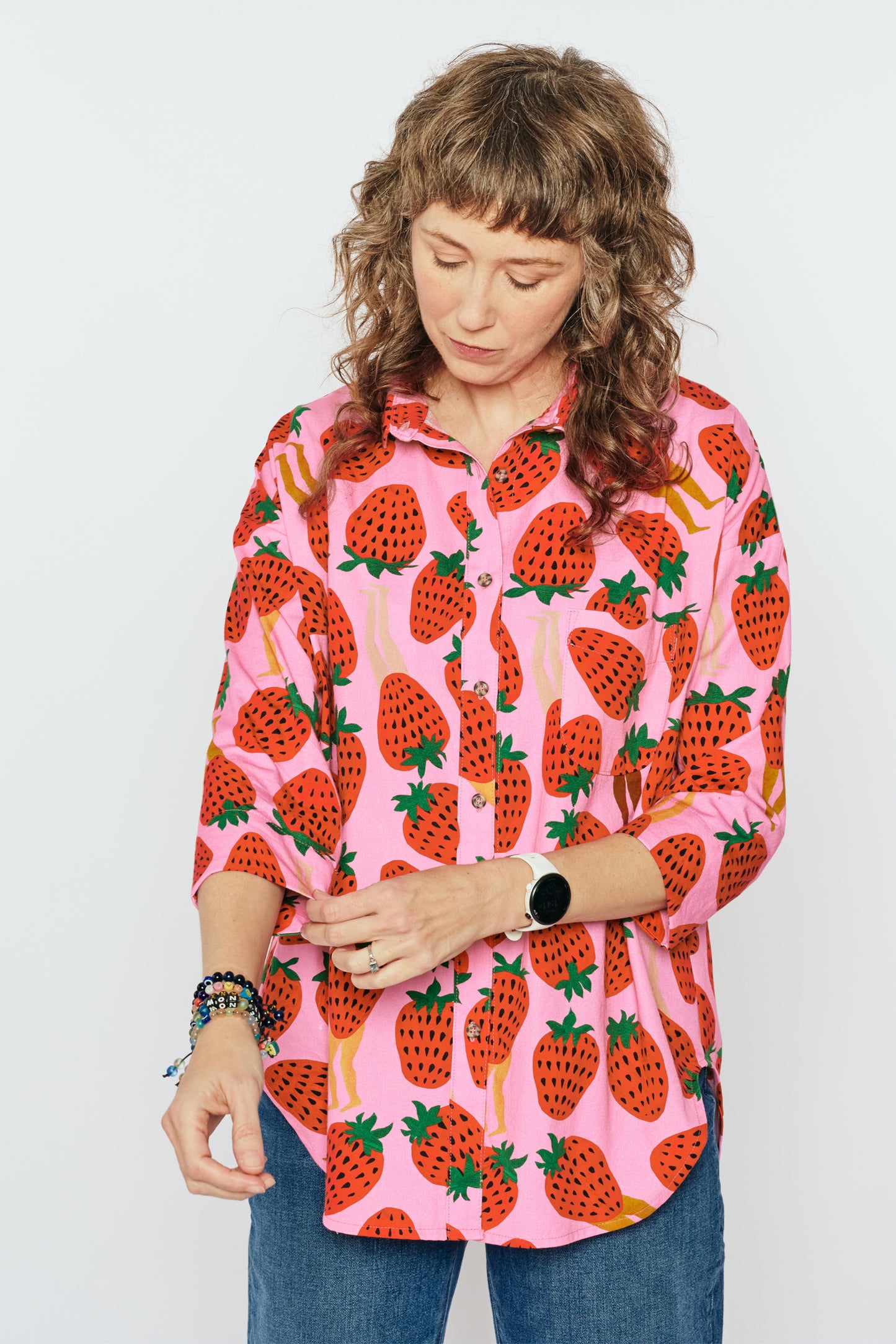 Grown-up Organic Button Down - Walking Strawbs