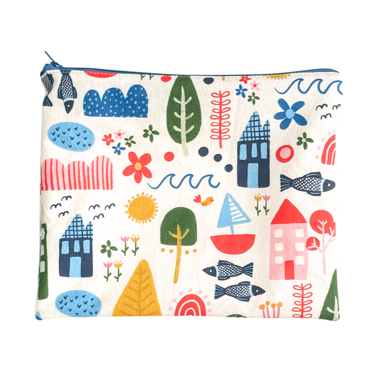 cosmetic bag size organic cotton zipper pouch with colorful nordic folk illustrations
