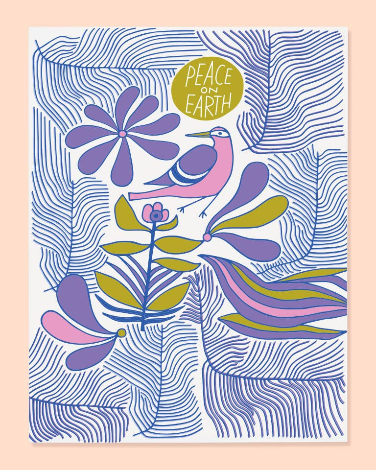 A colorful abstract design featuring a bird, flowers, and geometric patterns with the phrase 'PEACE ON EARTH' on the front.