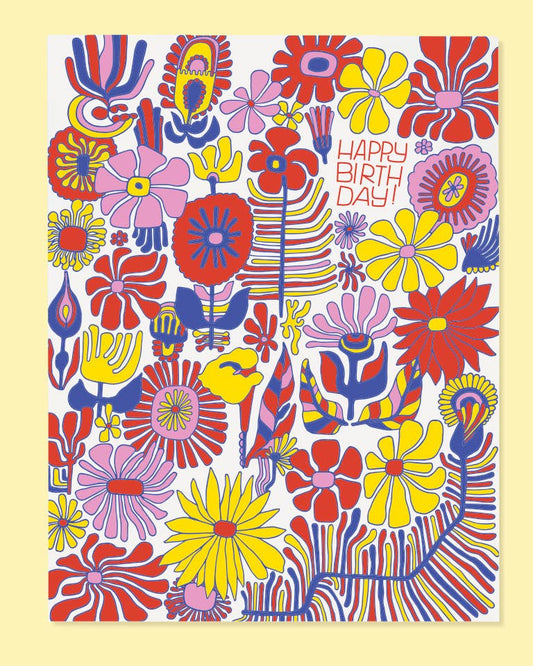 A colorful birthday card with a variety of flowers and the text 'HAPPY BIRTHDAY' in bold letters.