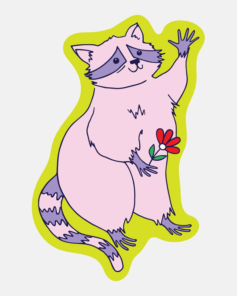 Cartoon raccoon sticker holding a flower with a green border on a light purple background