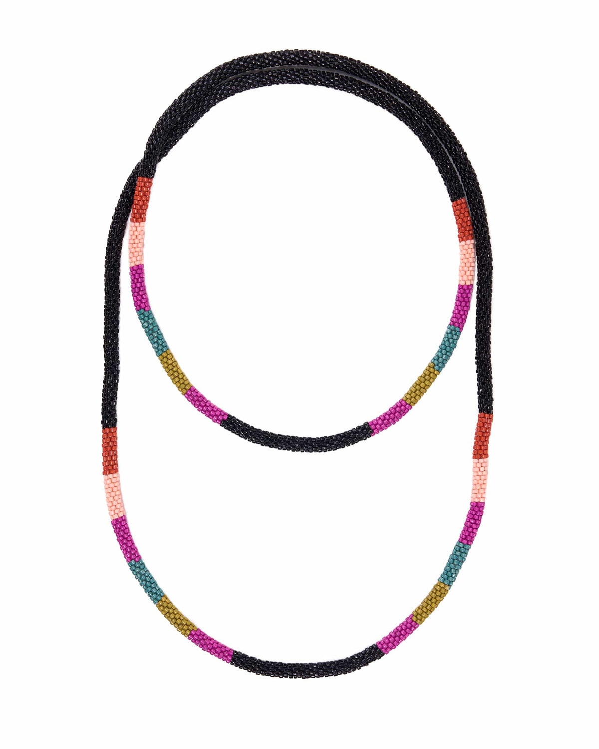 A beaded necklace with a black textured base and alternating colorful segments of pink, orange, teal, and olive green, shown on a plain white background.