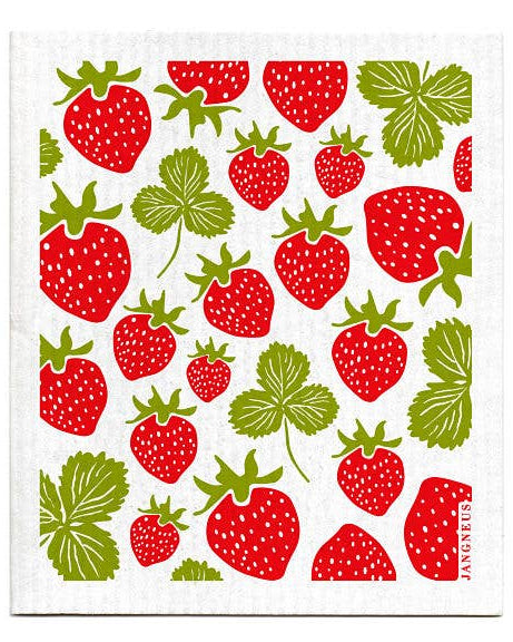 Swedish Dishcloth with red strawberry and green leaf pattern on a white background