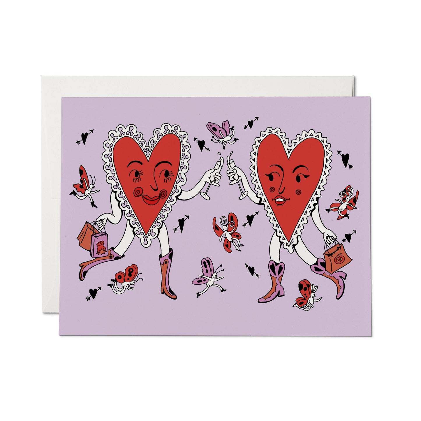 Greeting card with cartoon hearts on a purple background