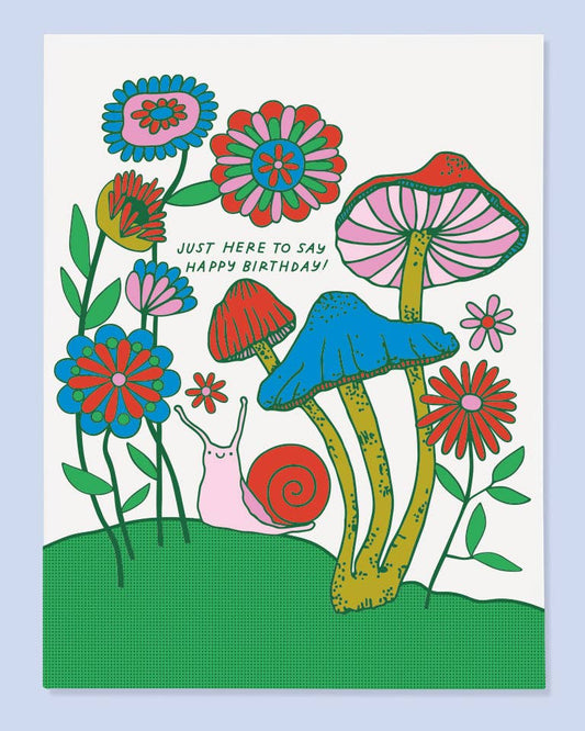 colorful birthday card with a snaill and flowers on it