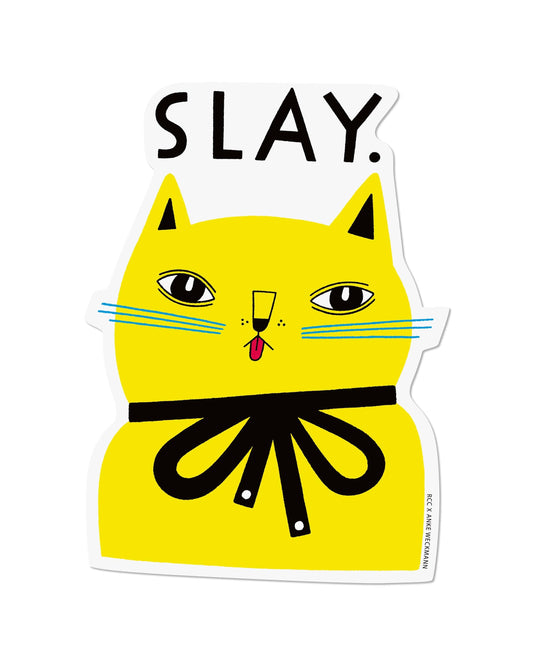 Yellow cat illustration with 'SLAY.' text on a white background