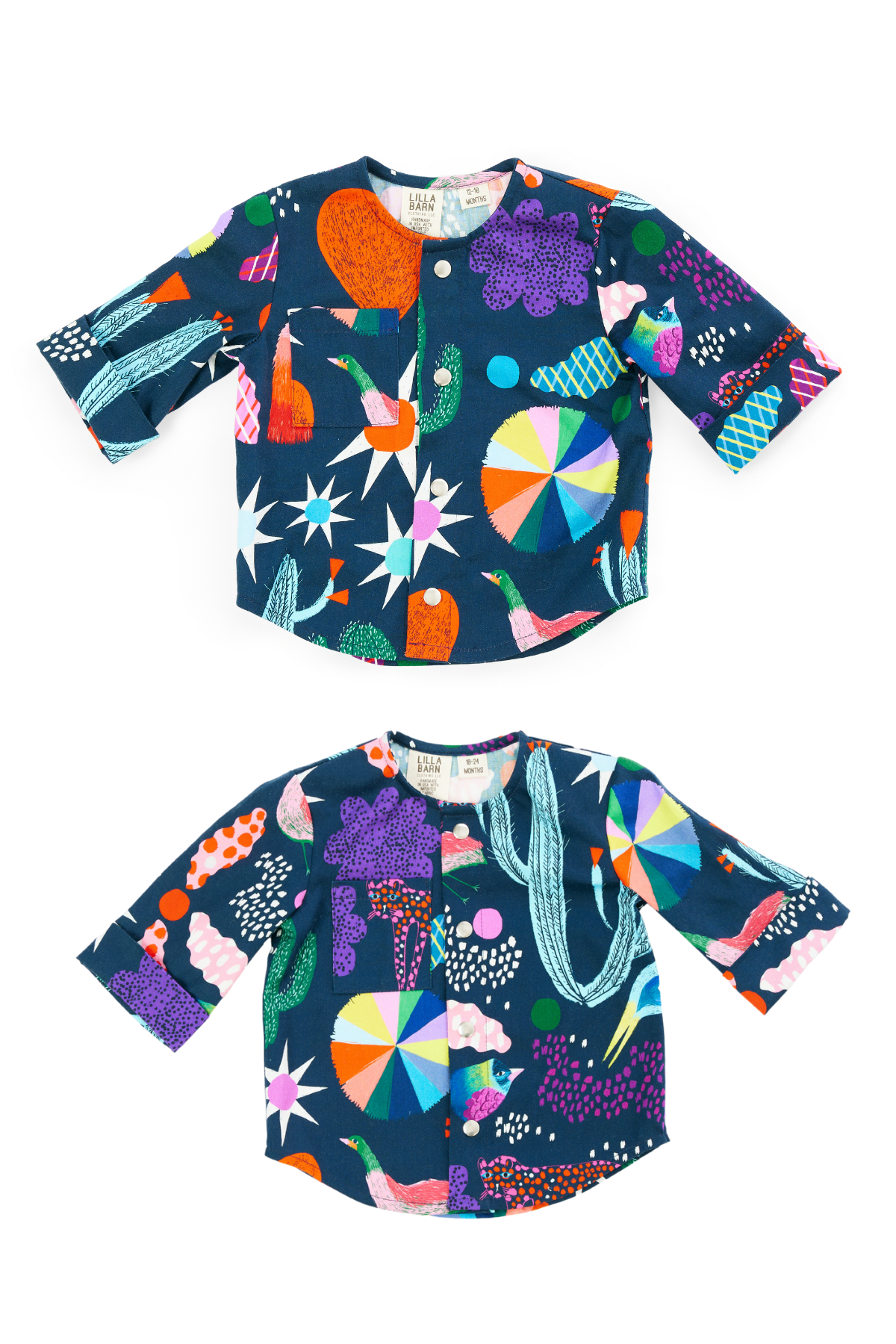 Two children's shirts with colorful abstract patterns on a white background