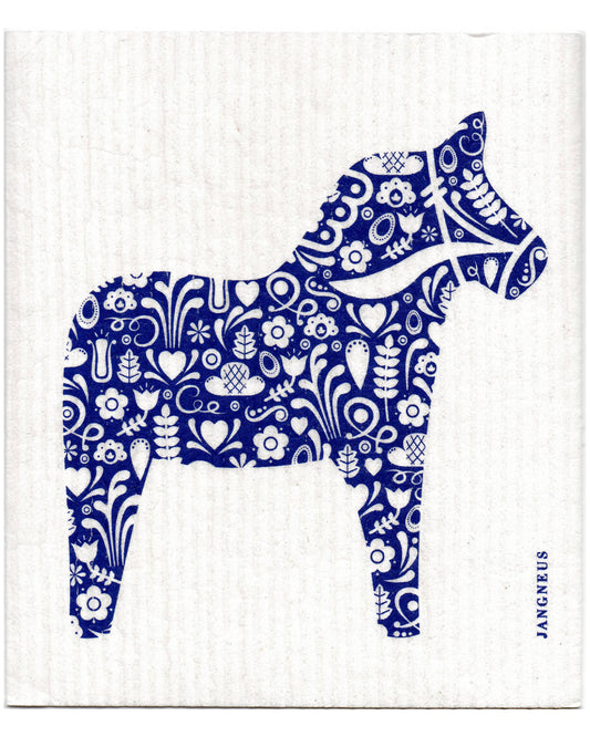Sustainable swedish disch cloth with a print of a blue dala horse.