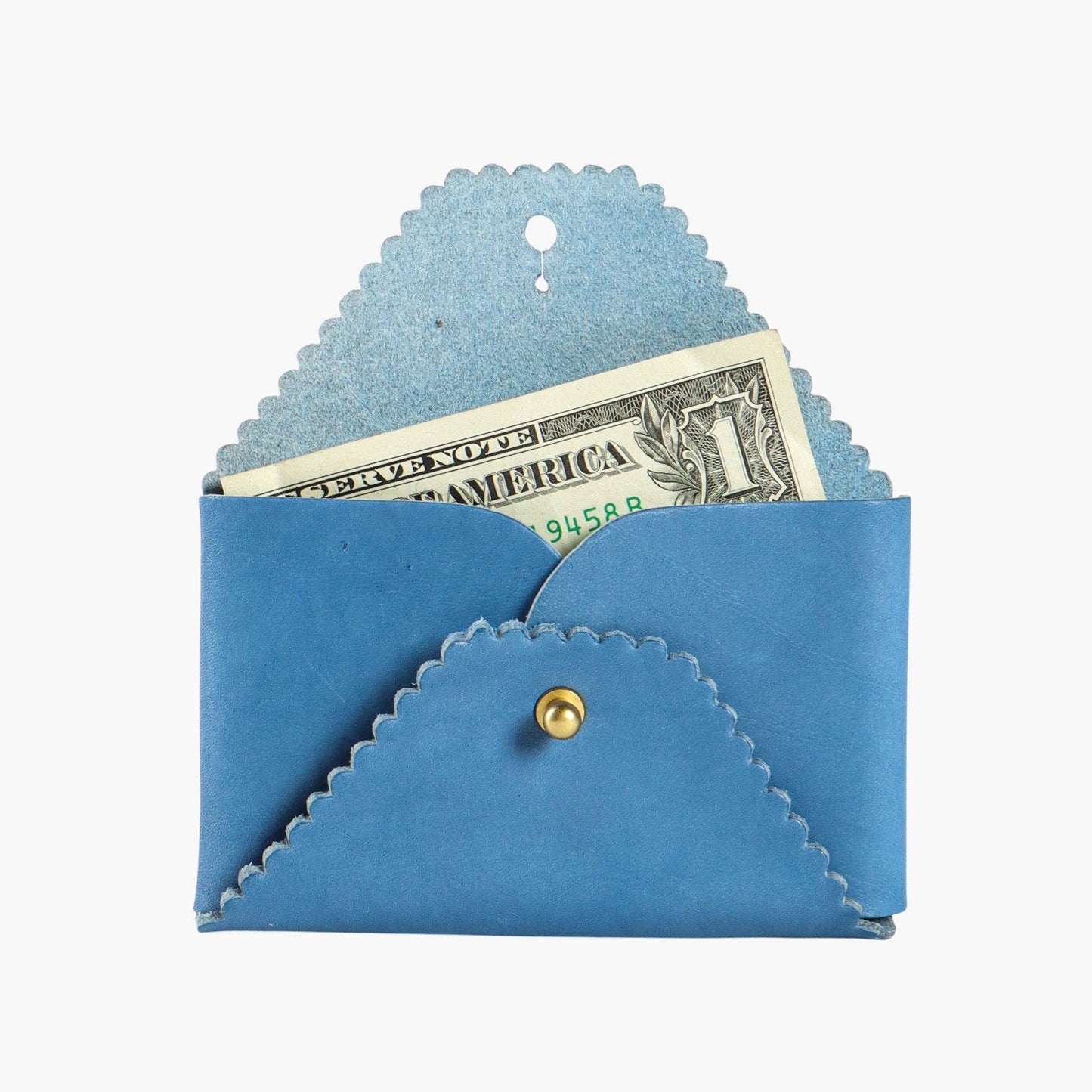 Blue envelope-shaped wallet with scalloped edges holding a dollar bill on a white background