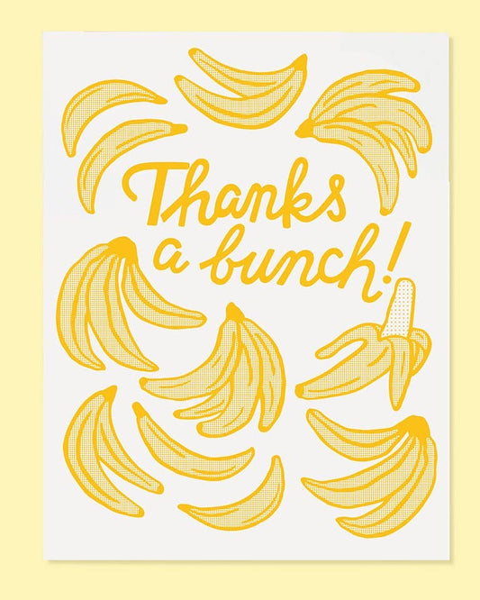 A folded thank you card with a yellow design featuring multiple bananas and the text 'Thanks a bunch!' displayed.