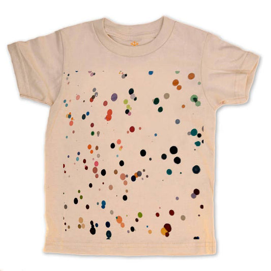 Beige t-shirt with colorful dot pattern on a white background