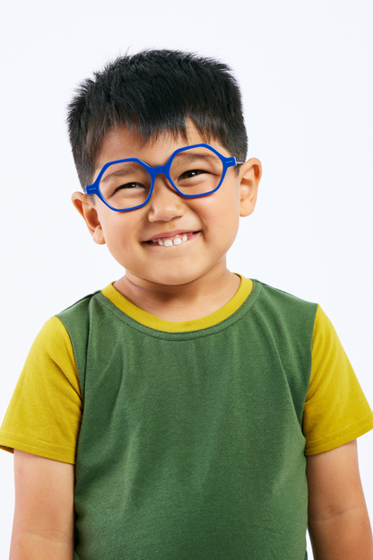 Child wearing sustainable green and yellow t-shirt and blue glasses from Eye Spy Optical
