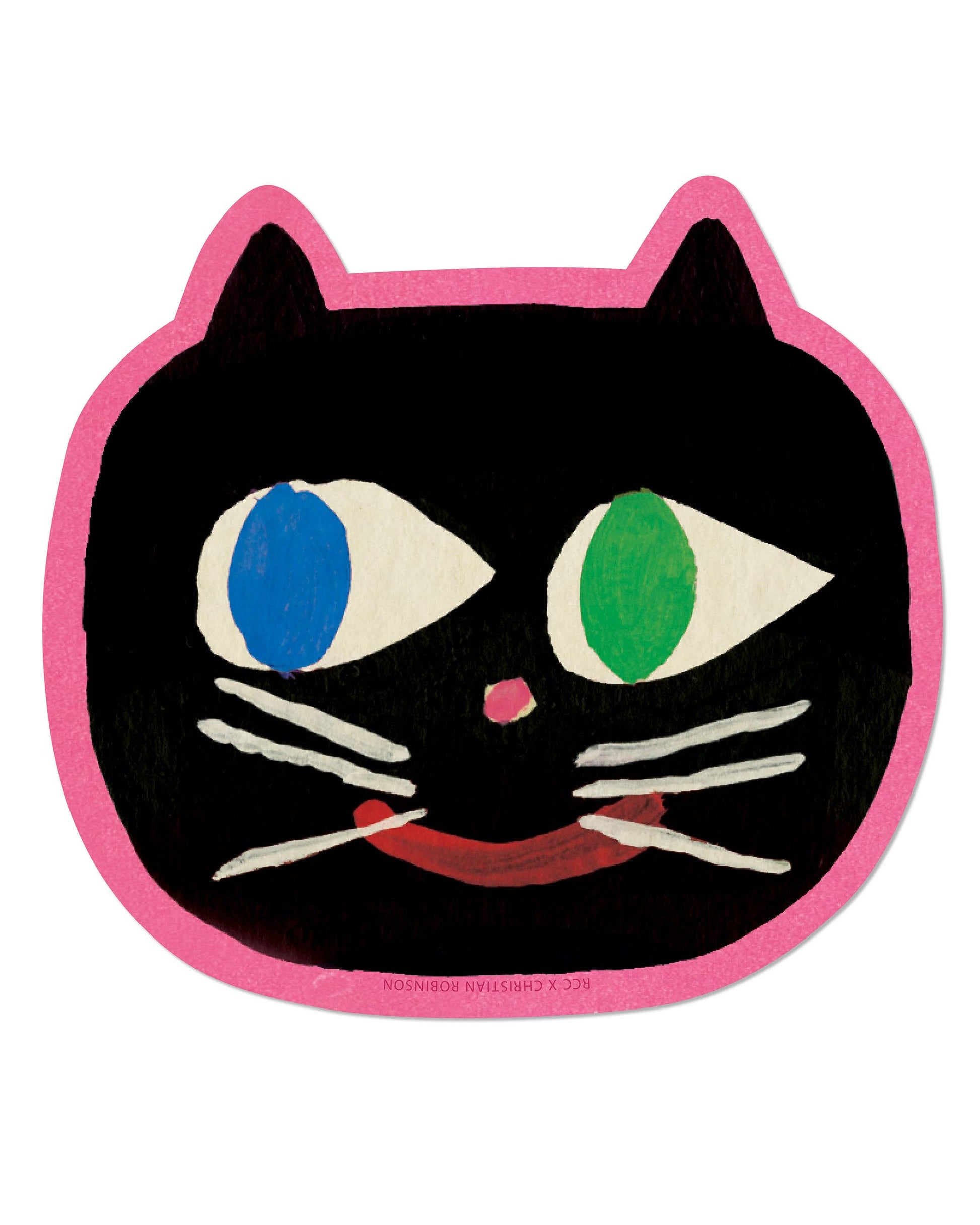Black cat face sticker with colorful eyes on a pink border