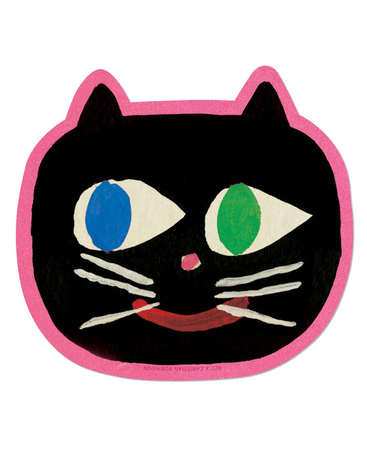 Black cat face sticker with colorful eyes on a pink border