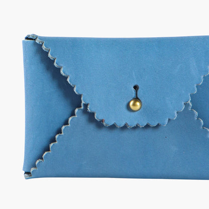 Blue envelope leather wallet with a gold clasp on a white background