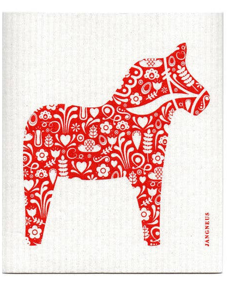 Swedish dishcloth with a folk dala horse design on a white background
