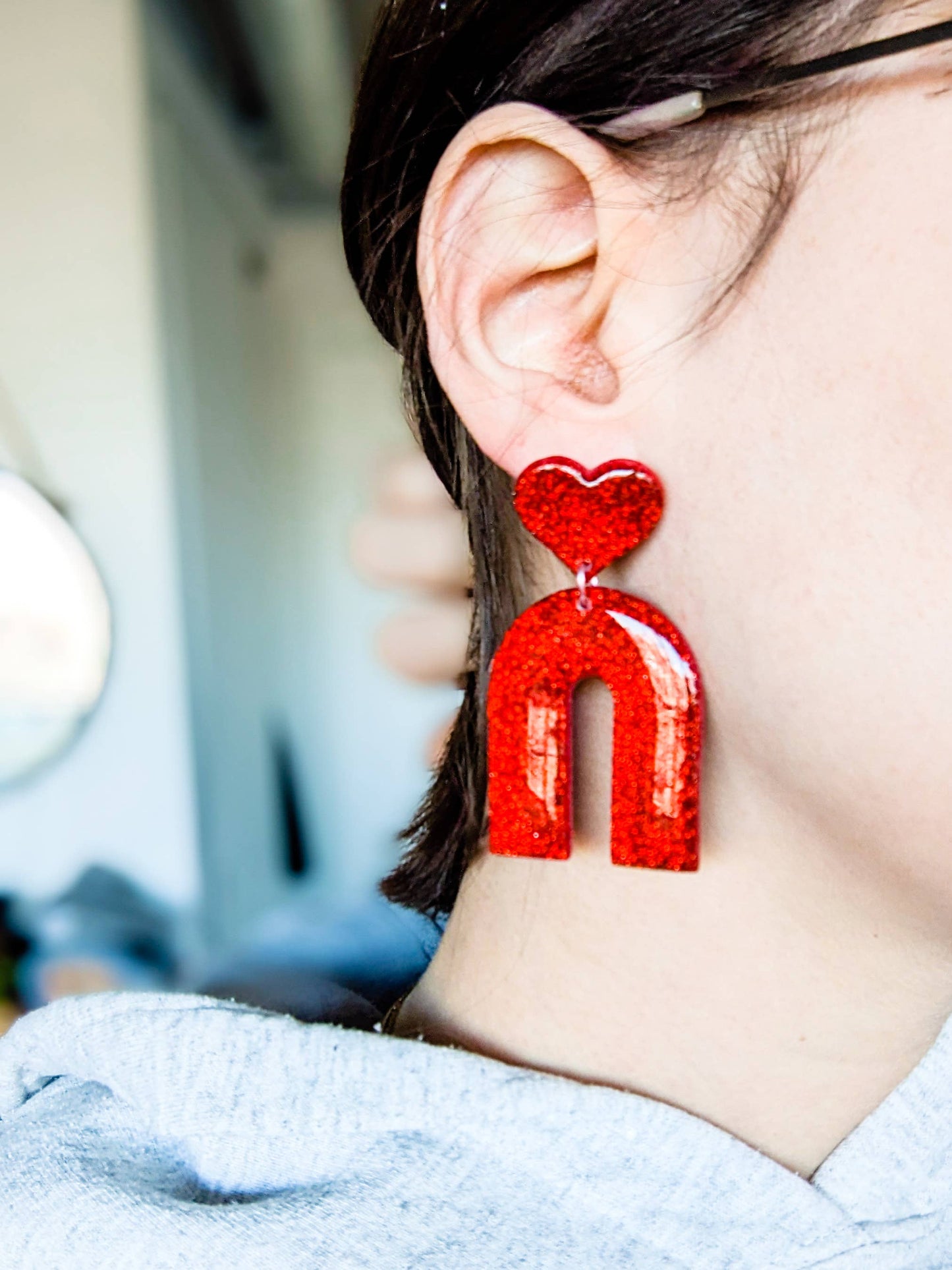 Red Glitter Heart Arch Earrings