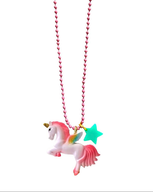 Necklace with a unicorn pendant and star charm on a pink bead chain against a white background